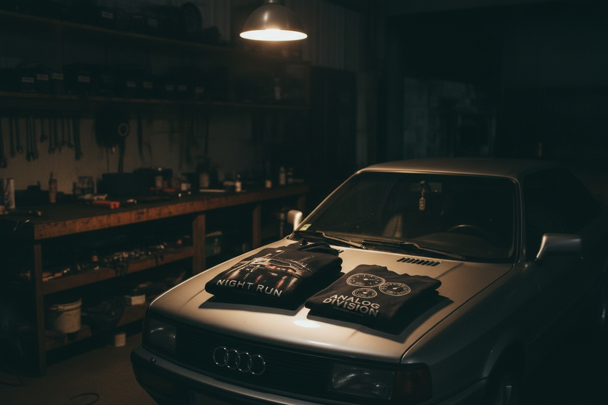 Audi S2 in a night workshop with BushWorks merch on the hood